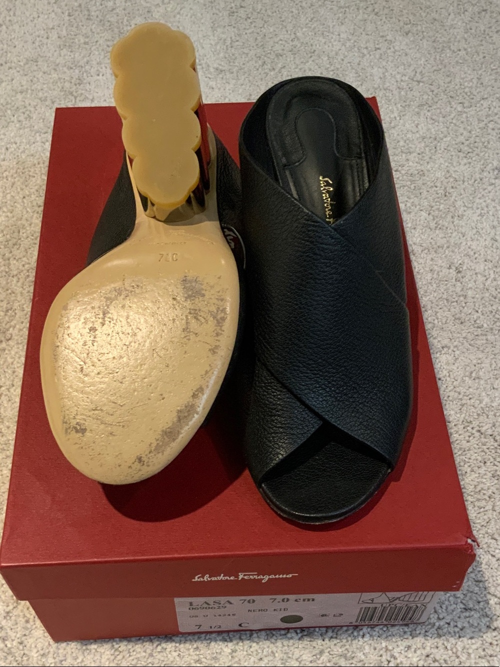 Salvatore Ferragamo Black Leather Mules with Gold Sculptural Heel - Picture 3 of 4